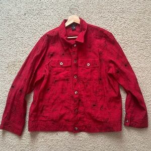 SILKLAND Women’s Beautiful Red Button Up with Black Floral stitching